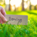 hand holding tag that says "spring" next to grass